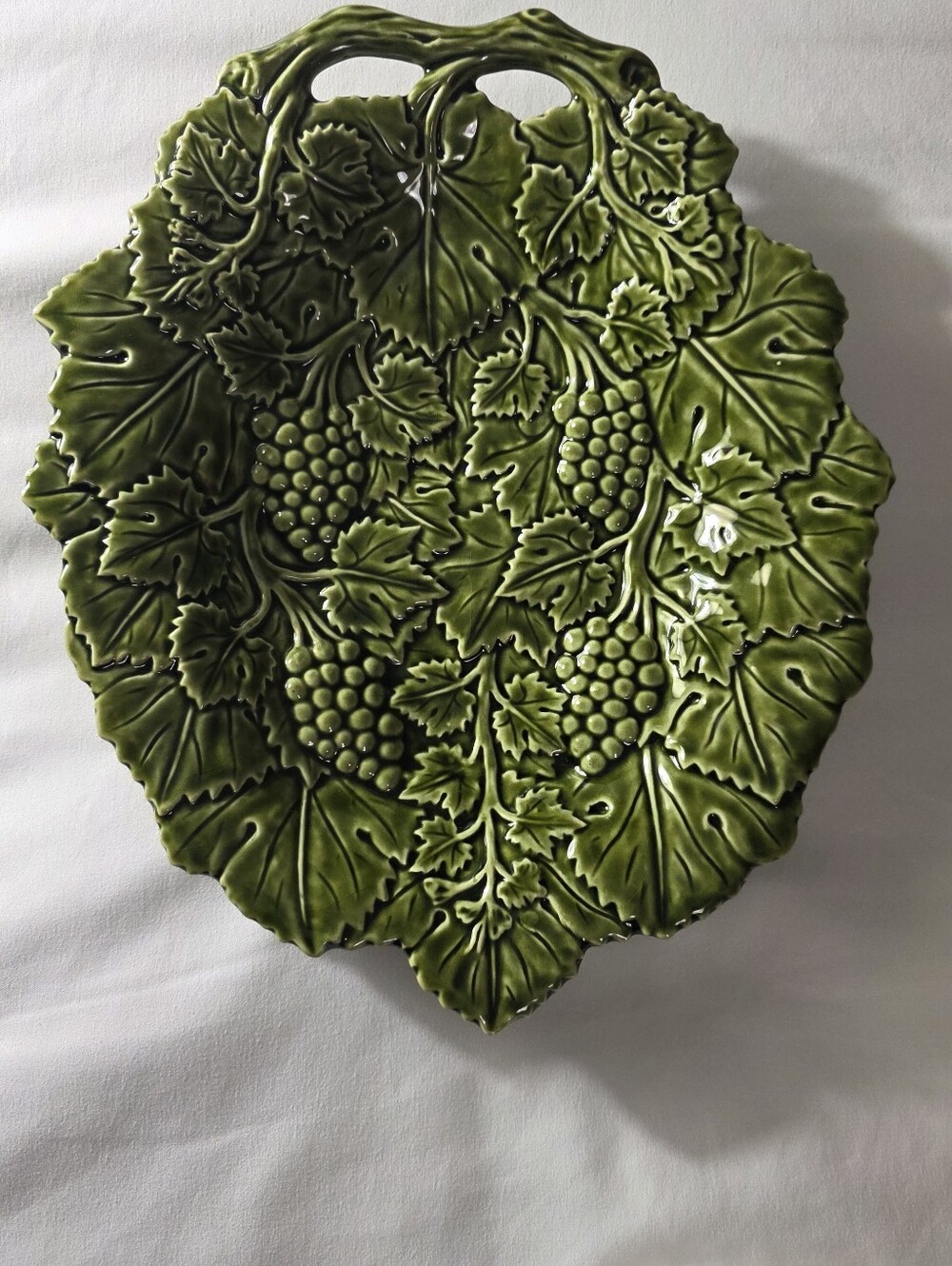Vintage Olfaire Portugal Majolica Grape Leaf Platter #1574 Green
